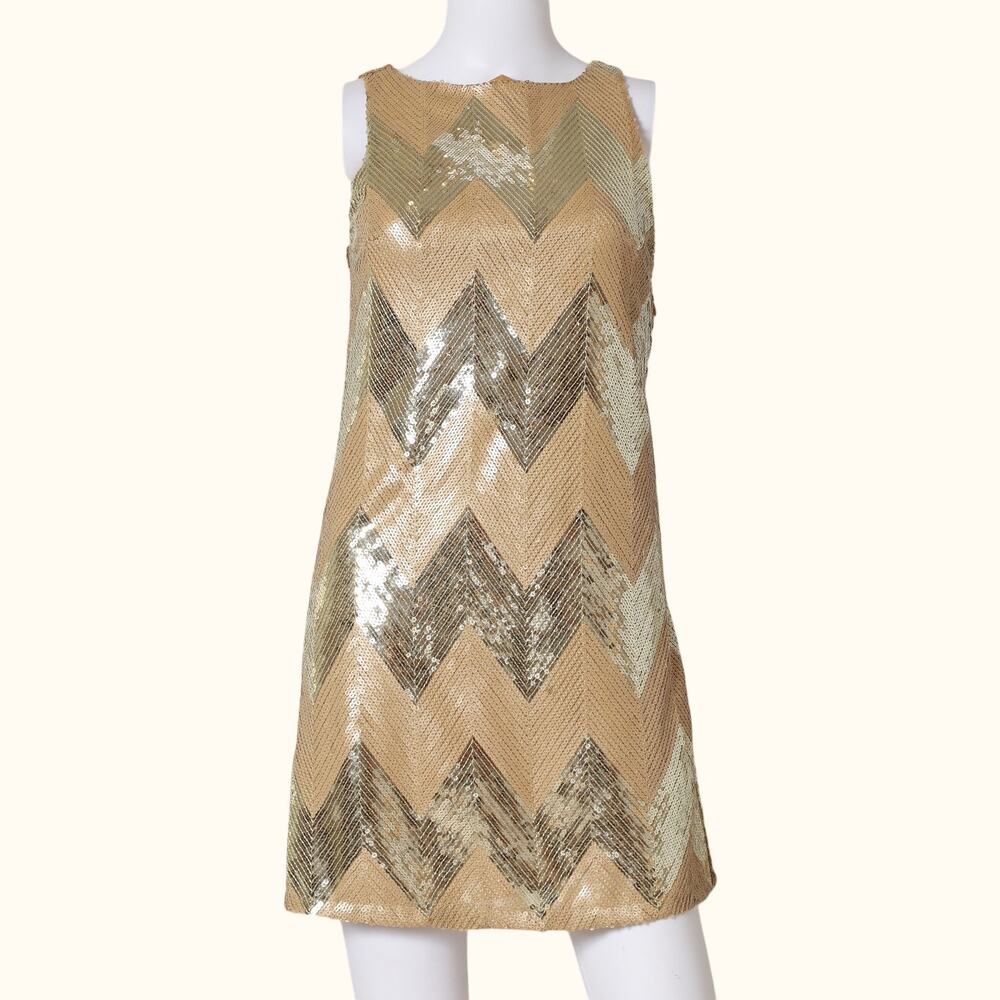 REBECCA MINKOFF Gold Chevron Sequin Sleeveless Shift Mini Dress
